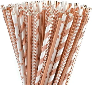100 Pack/ heart Designs Paper Straws Biodegradable Eco Friendly Rose Gold - Picture 1 of 4
