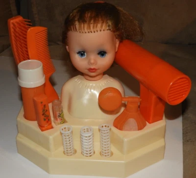 Vintage Blue Box Hair Styling Salon Fashion Doll Head Hong Kong Complete - Image 1 of 4