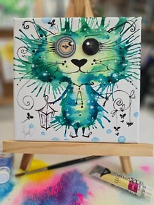 ORIGINAL watercolor painting Fantasy CAT Artwork Animals Art 6"x6" - Picture 1 of 4
