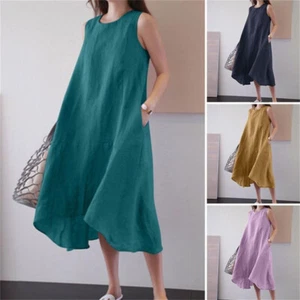 Women's Sleeveless Cotton Linen Tunic Shirt Sundress Summer Casual Tank Dress - Picture 1 of 17