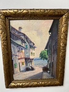 R. Höhn – Fachwerkhäuser am Seeufer, Öl auf Leinwand (1950) signiert – Original - Picture 1 of 4
