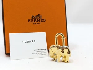 HERMES Cadena Vorhängeschloss Elefant Gold Schloss Taschenanhänger Anhänger Schlüsselhalter echt - Bild 1 von 8