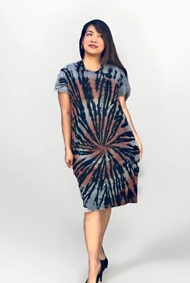 Ручной работы хлопок эластичный платье спираль коричневый галстук краситель пляж богемное хиппи разрез SML - Изображение 1 из 4