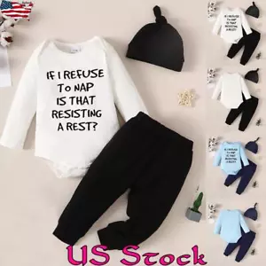 3PCS Baby Boy Long Sleeve Pullover Print Romper Jumpsuit Solid Pant Cute Hat Set - Picture 1 of 13