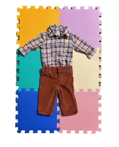 Just One You 6M Maroon and Blue Checkered Flannel and Maroon Corduroy Pants - Picture 1 of 3