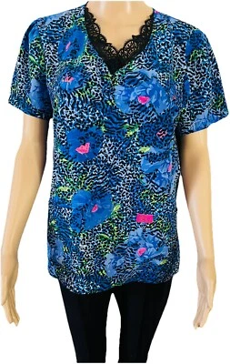 Betsey Johnson Womens Camellia Jungle Floral Animal Blue Scrub Top Size M - Image 1 of 4