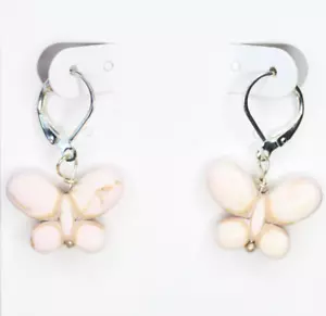 White Tone Butterfly Charm Earrings Silver Plated Brass Leverback Earrings 1.25" - Picture 1 of 5