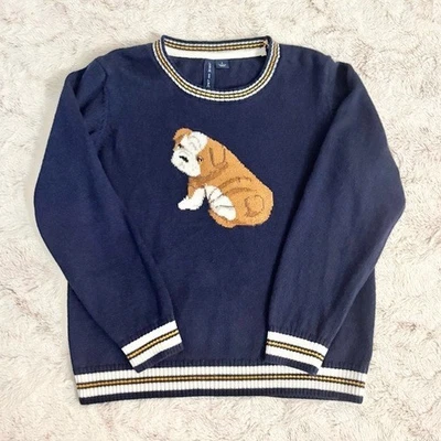 Boys Janie and Jack Navy Blue Sweater Brown English Bulldog Size 5 - Image 1 of 4