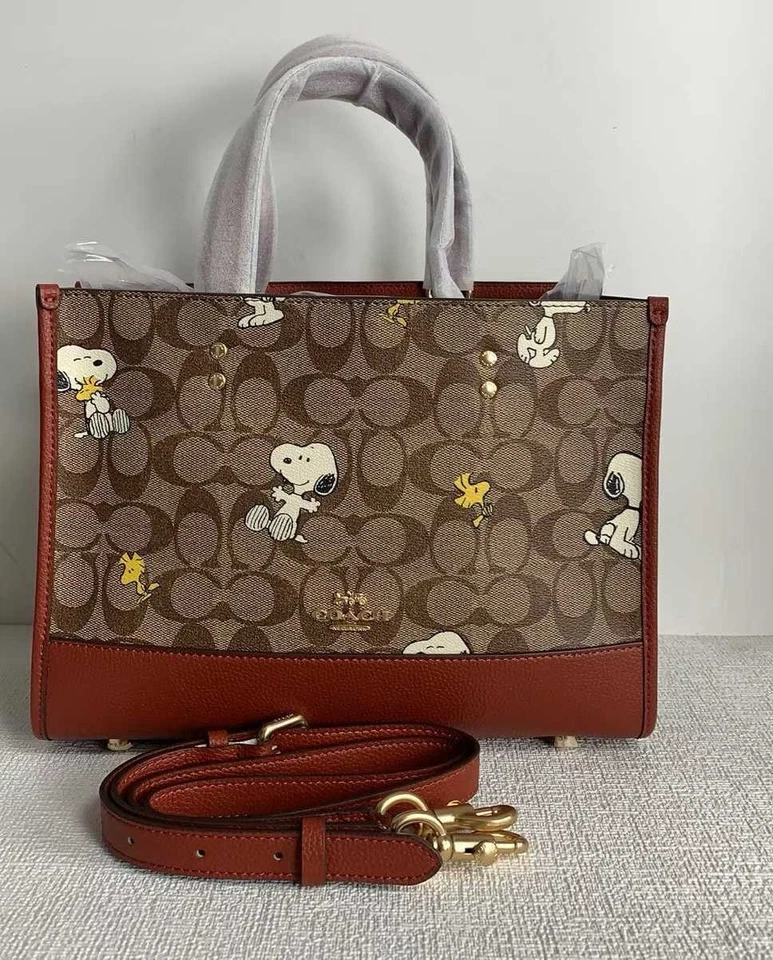 Coach CE862 Snoopy Tote Bag Dempsey Carryall Signature Canvas Smooth Leather