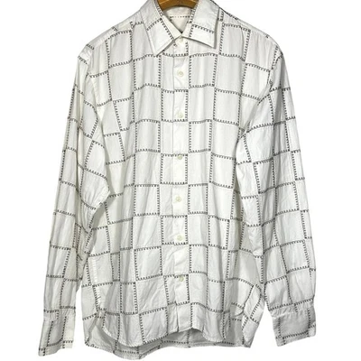 Camisa IKE BEHAR Para Hombres Blanca Retazos Puntada Cuadrada Abotonada Manga Larga Grande Foto 1 de 4