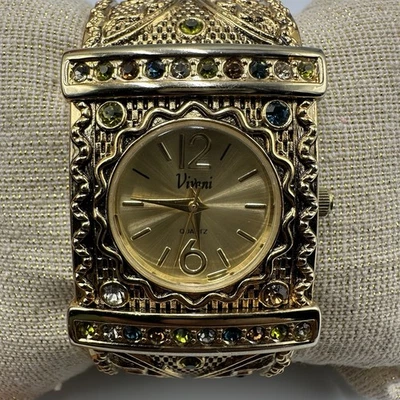 Reloj Vivani Mujer Tono Dorado Banda Decorativa Ancha Acento Estrás Batería Nueva Foto 1 de 4