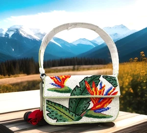 AUTH NWT Staud Tommy Tropical Pattern Glass Bead Shoulder Bag-Birds Of Paradise - Picture 1 of 19