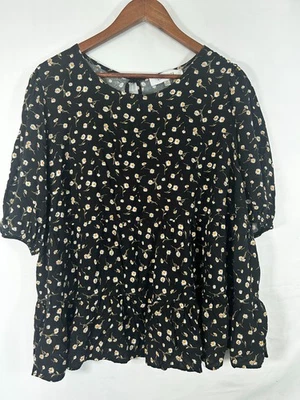 Lily White Womens Size 3X Black with White Daisies Babydoll Top  - Image 1 of 4