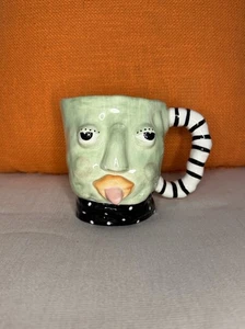 Judie Bomberger Funny Face Halloween Mug Cup Green Whimsical Art Sculpture Witch - Picture 1 of 10