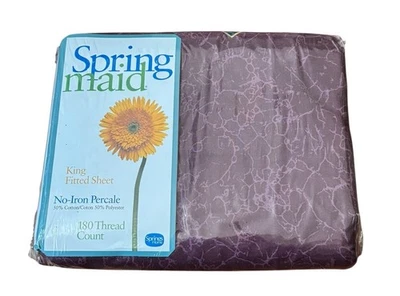 VTG Springmaid King Fitted Sheet Purple Marble Print 180 TC No Iron Percale NEW - Image 1 of 4