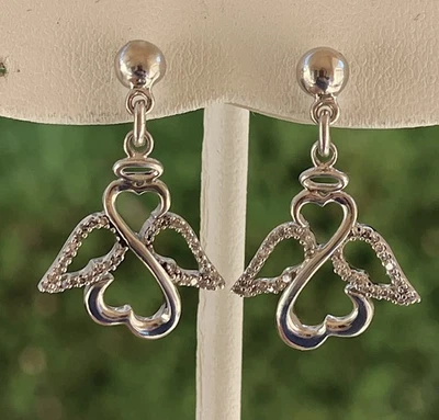 Pendientes Jane Seymour Corazones Abiertos 1/5ct Diamante Ángel Alado 925 SS/10K ~ $279 Foto 1 de 4
