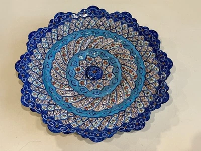 Persian Minakari Enamel Copper Plate, Hand Painted Decorative Art, Blue Floral - Image 1 of 4
