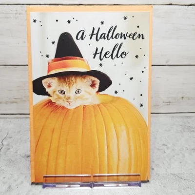 Halloween Greeting Card Hello Orange Kitten Witch Hat Pumpkin Hallmark - Image 1 of 4