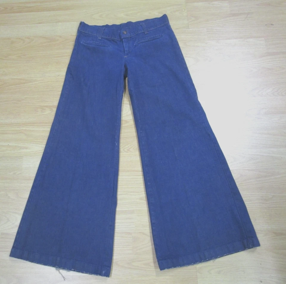 Jeans vintage anos 70 denim GRANDE parte de baixo sino hippie retrô lavagem escura 30X29 - Imagem 1 de 4