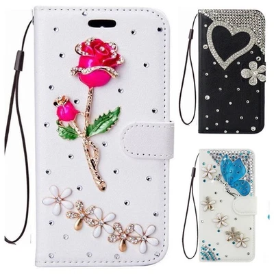 Girly Luxury Bling Diamond Crystals Sparkly Case Leather Flip Wallet Phone Cover - Image 1 of 4