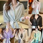 Elegant Button Down Soild Color Lapel Shirts for Women Long Sleeve Tops