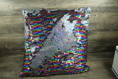 rainbow/ Silver Reversible Sequin Pillow  12x12 Trendy blue backside - Image 1 of 3