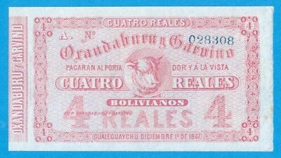 Argentina Oxandaburu y Garvino 1867 4 Reales Remainder Note P #s1774r - No Stub - Image 1 of 2