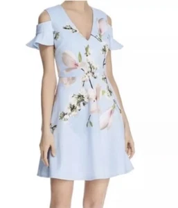 Neu ohne Etikett Ted Baker Effrae Harmony schulterfreies blaues Blumenkleid Größe TB 0 oder US 2 - Bild 1 von 18