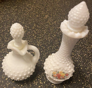 Set Of 2 Vintage Avon white milk hobnail glass cruet bottle w/ stopper - Picture 1 of 4