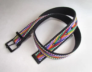Colorful Rainbow Geometric Woven Western Boho Belt Black Canvas Mesh Back 36" - Picture 1 of 4