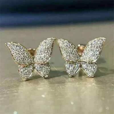 2.20Ct Round Cut Real Moissanite Butterfly Stud Earrings 14K Yellow Gold Plated - Image 1 of 4