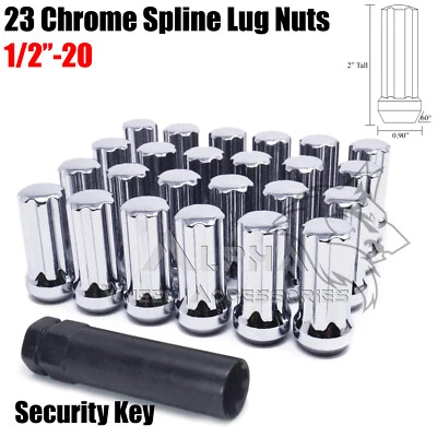23 Chrome 1/2-20 Spline Lug Nuts For Jeep Wrangler JK YJ TJ KK MJ 2" Tall + Key - Image 1 of 4