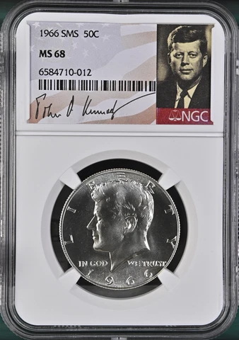 1966 SMS 50C Kennedy Half Dollar NGC Superb BU MS68 Blast-White Signature Label Cover