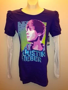Justin Bieber Beliebers Long Sleeve Shirt Slim  Boyfriend Baby white/purple - Picture 1 of 4