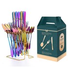 24PC CUTLERY DINNER SET STAINLESS STEEL METAL STAND RACK FORKS TEA SPOONS POLISH