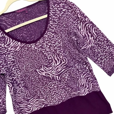 Fresh Produce Purple Printed Tunic Top 3/4 Sleeve Artsy Boho Sz L - Image 1 of 4