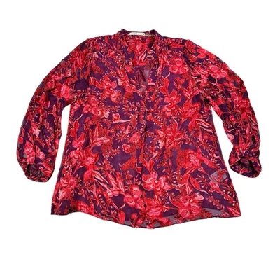 Alice + Olivia Sheila Blouse Floral Purple Red Velvet Semi Sheer V Neck Top Sz M - Image 1 of 4