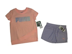 Puma Girls Shorts Shirt Set Purple Mesh Peach Top Sparkle Logo 6 NWT - Picture 1 of 3