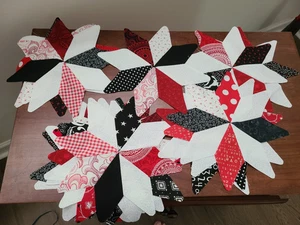 SET Of 16 STAR SHAPE QUILT BLOCKS 8 Point RED BLACK WHITE 11" COTTON - Picture 1 of 3