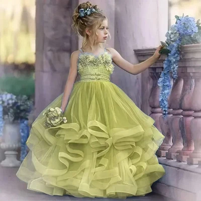 Blue Wedding Lace Tiered Skirt Girl Pageant Dress Kid Birthday Gown Girl Costume - Image 1 of 4
