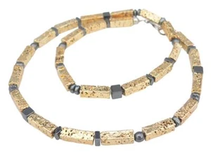 Halskette Edelstein Rechteck Lava goldfarben glänzend Hämatit schwarz 227j - Bild 1 von 18