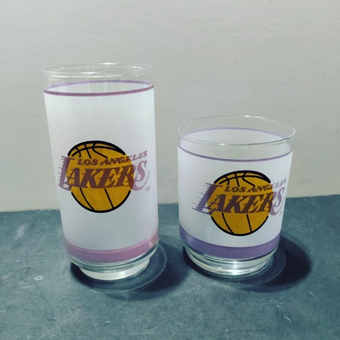 1980's Los Angeles Lakers NBA Frosted Drinking Glass Cup Set Mobil Oil Cover