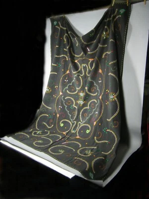 Tablecloth Napkin Set 16 Black Stitching Flowers Floral Cotton 72 x 53 In Stain - Image 1 of 4