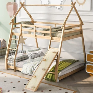 Twin over Queen House Bunk Bed with Climbing Nets and Climbing Ramp, Natural - Picture 1 of 12
