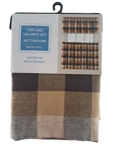 NEW Plaid Curtain Tier & Valance Set 3 Pc Kitchen Nottingham Arlee Brown Gray - Picture 1 of 5