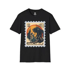 First Class Horror T-Shirt Mens Black Werewolf Postage Stamp Whimsy Retro Gothic - Picture 1 of 12