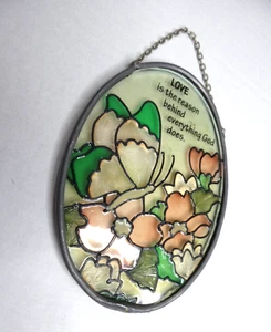 VTG Stained Glass Sun Catcher Small Hanging Butterfly "Love Is The Reason" 4 3/4 - Picture 1 of 6