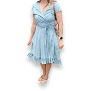 POLO Ralph Lauren Chambray Blue Women’s Wrap Midi Ruffle Tie Dress Size 12 Large - Picture 1 of 16
