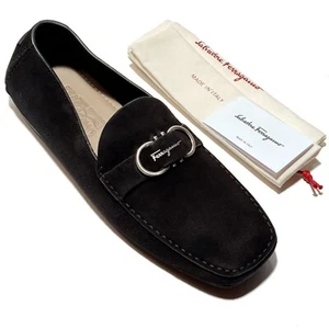 NEW Ferragamo PALINURO Gancini Black Suede Leather Dress Loafers Men's Drivers - Picture 1 of 6