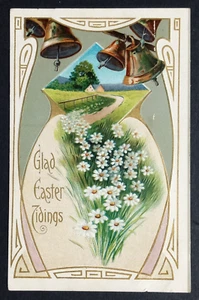 Frohe Ostern Botschaft Gänseblümchen Postkarte geprägt um 1910 Blumen läuten Glocken UNP - Bild 1 von 2